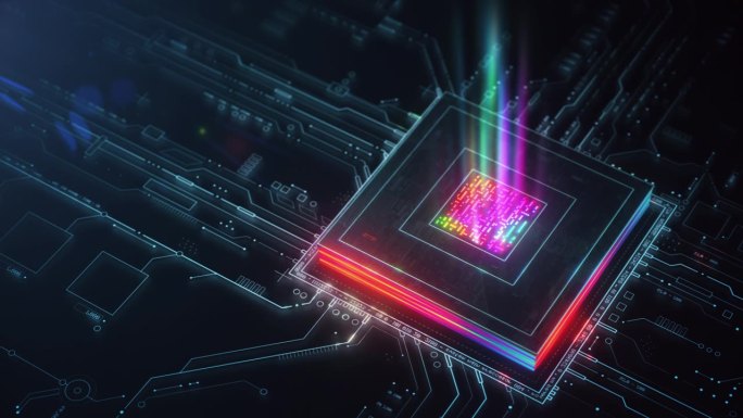强大的CPU与发光的中央核心主板与数据传输。量子技术和处理的未来