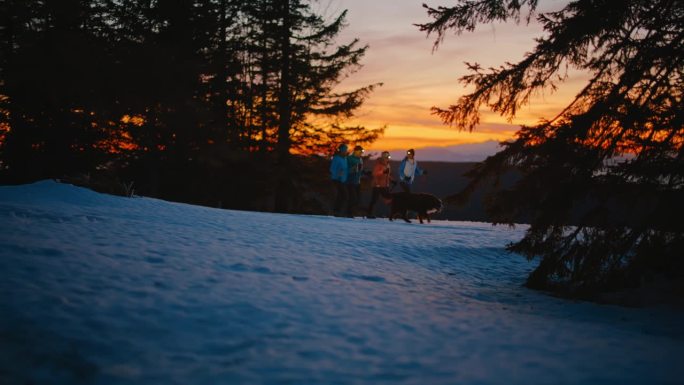 傍晚，一家几代人带着他们的狗在雪山上徒步旅行