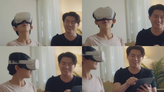 亚洲男人使用笔记本电脑，亚洲男孩戴着虚拟现实眼镜，头戴式耳机，坐在家里开始玩电子游戏。