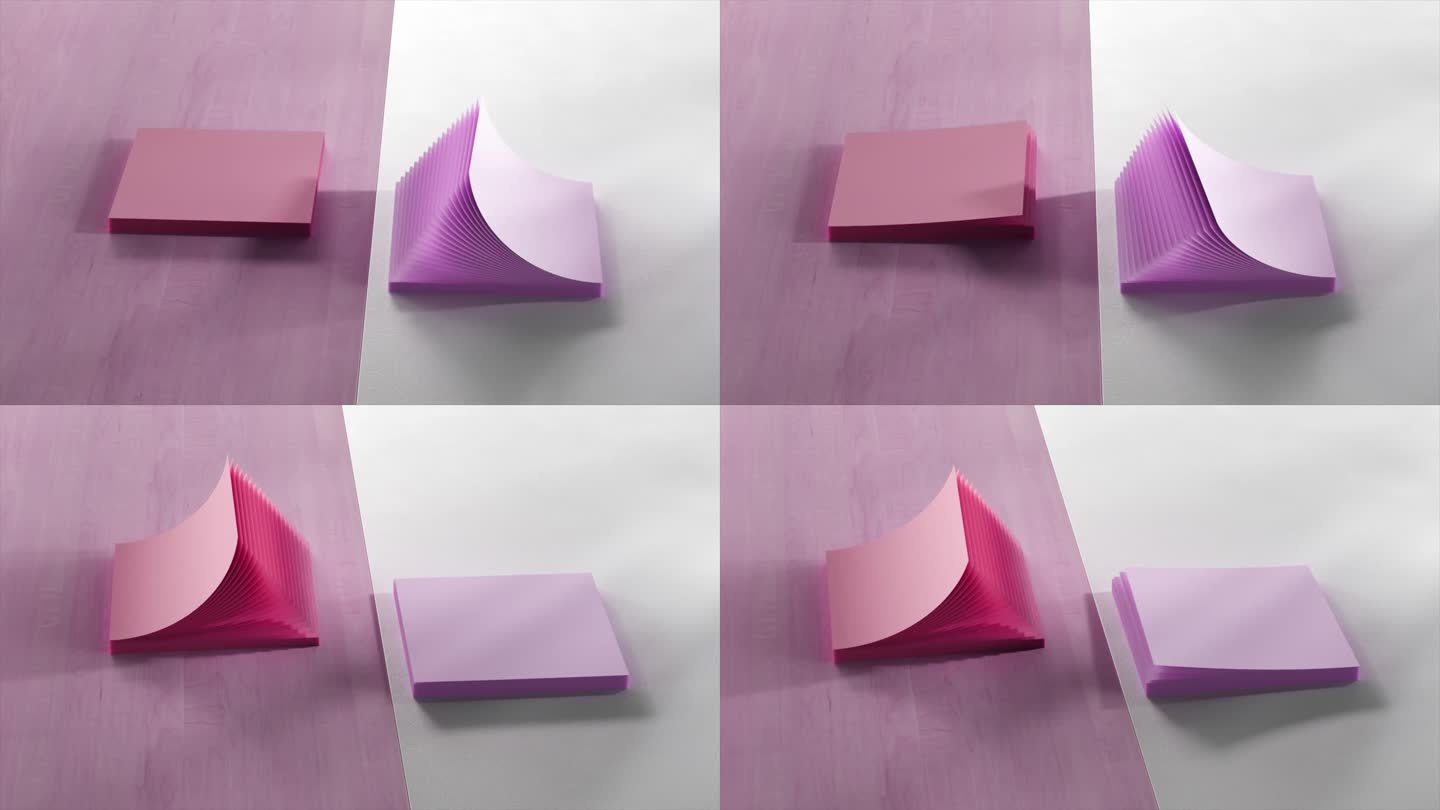 办公室贴纸堆的俯视图。文具。彩色胶粘纸。像风扇一样打开和关闭。粉紫色
