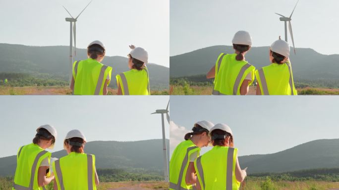 在能源领域的现代技术与参与有才华的工程师了解操作风力涡轮机。女科学家领导关于替代能源技术、分析指标的