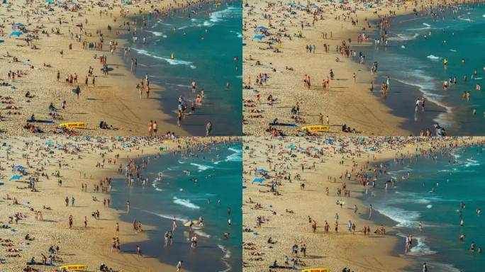 在澳大利亚新南威尔士州悉尼的夏季周末，人们在标志性的邦迪海滩享受阳光，放松身心