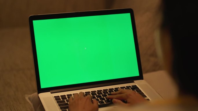 一个身份不明的女人忙于办公室工作，在沙发上舒适的家庭工作空间里，她使用一台带有绿屏模拟显示器的笔记本