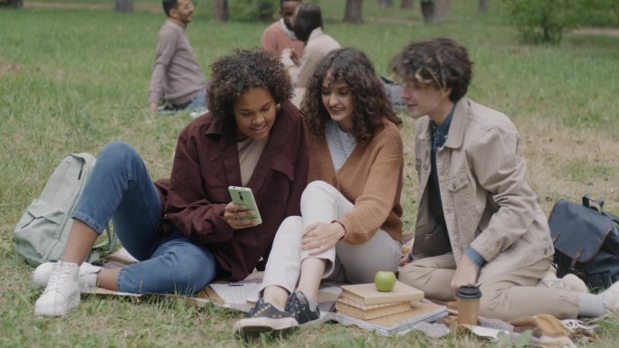 一群年轻人坐在公园的草坪上玩智能手机，谈论社交媒体
