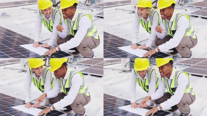 图纸、太阳能板或工程人员规划施工或光伏屋顶检查。黑人，可再生能源或电工团队在屋顶上谈论或工作电力项目