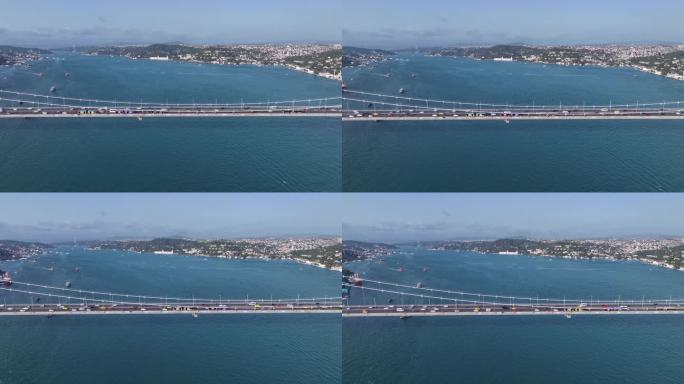 伊斯坦布尔,土耳其。伊斯坦布尔运河，博斯普鲁斯运河和博斯普鲁斯大桥被官方称为7月15日烈士桥。无人机