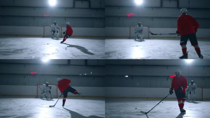 专家冰球运动员展示了令人印象深刻的技能，通过射击，打击，并在溜冰场上用曲棍球棒击打冰球。运动员用电影