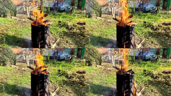 干树枝在桶里燃烧，春秋大扫除