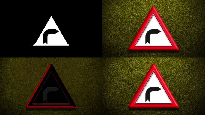 在黑色背景上闪烁的“转弯”符号、标志、标记或警告的动画