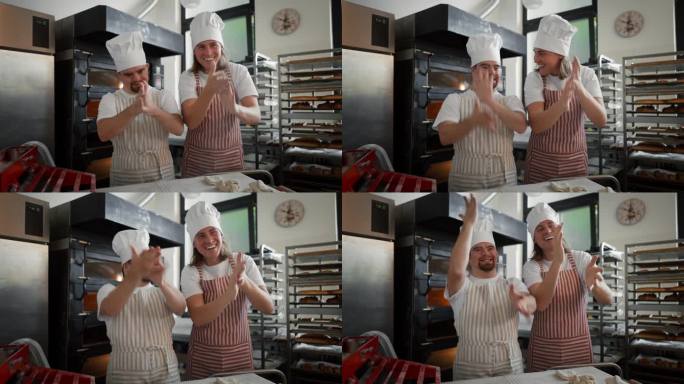 一名唐氏综合症患者和他的同事在面包店的视频。残疾人融入社会的概念。