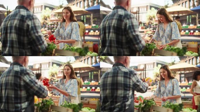 一位年轻美丽的顾客为健康早餐购买有机应季水果和蔬菜的肖像。一位穿着古着服装的女士从当地的街头小贩那里