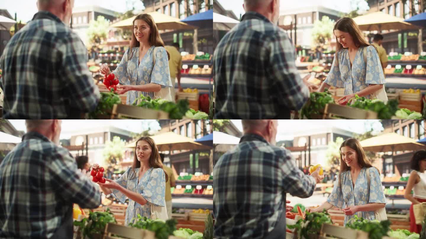 一位年轻美丽的顾客为健康早餐购买有机应季水果和蔬菜的肖像。一位穿着古着服装的女士从当地的街头小贩那里
