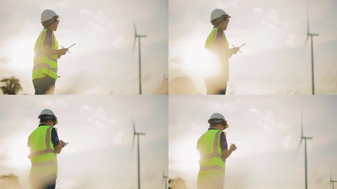 风能可持续资源和能源工程师在风电场工作
