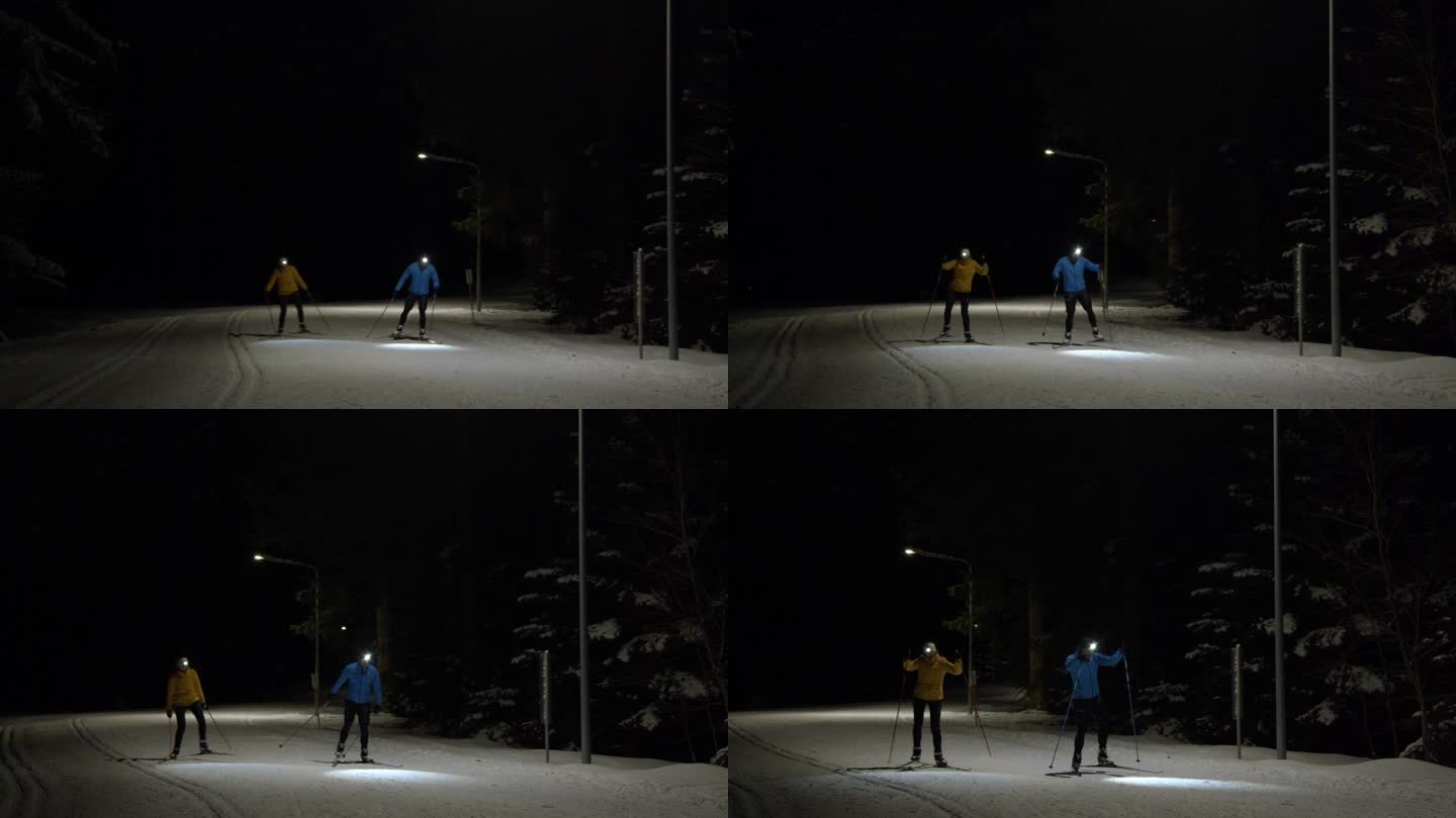 晚上带着大灯越野滑雪