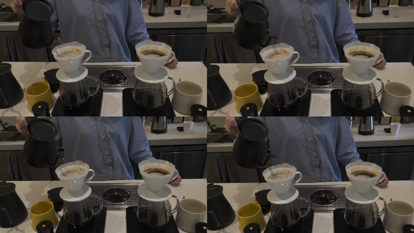咖啡师将热水倒入咖啡滴滤