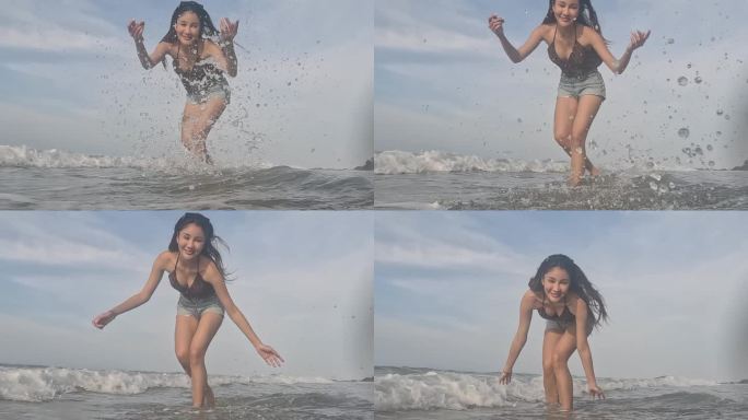 女人在海里戏水，玩得很开心