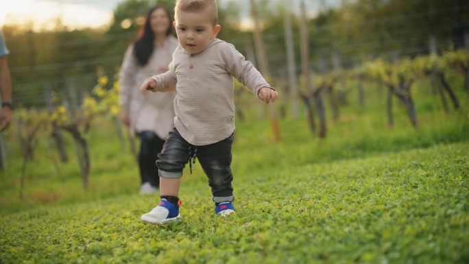 慢镜头:父母带着男婴走在草地上