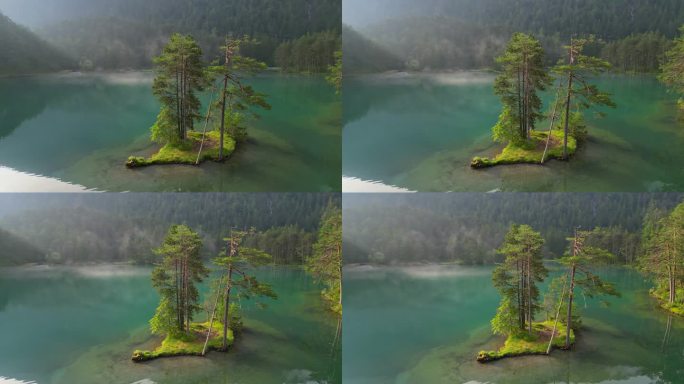 高山湖泊中有树木的小岛。奥地利的高山自然。美丽的湖和晨雾在山上。空中拍摄