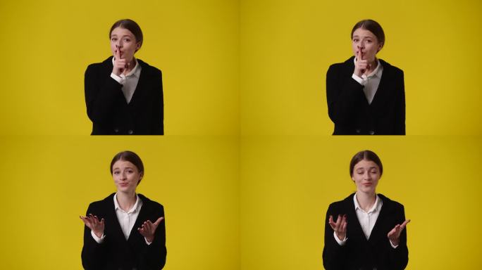 一个女孩在黄色背景上做沉默手势的4k视频。