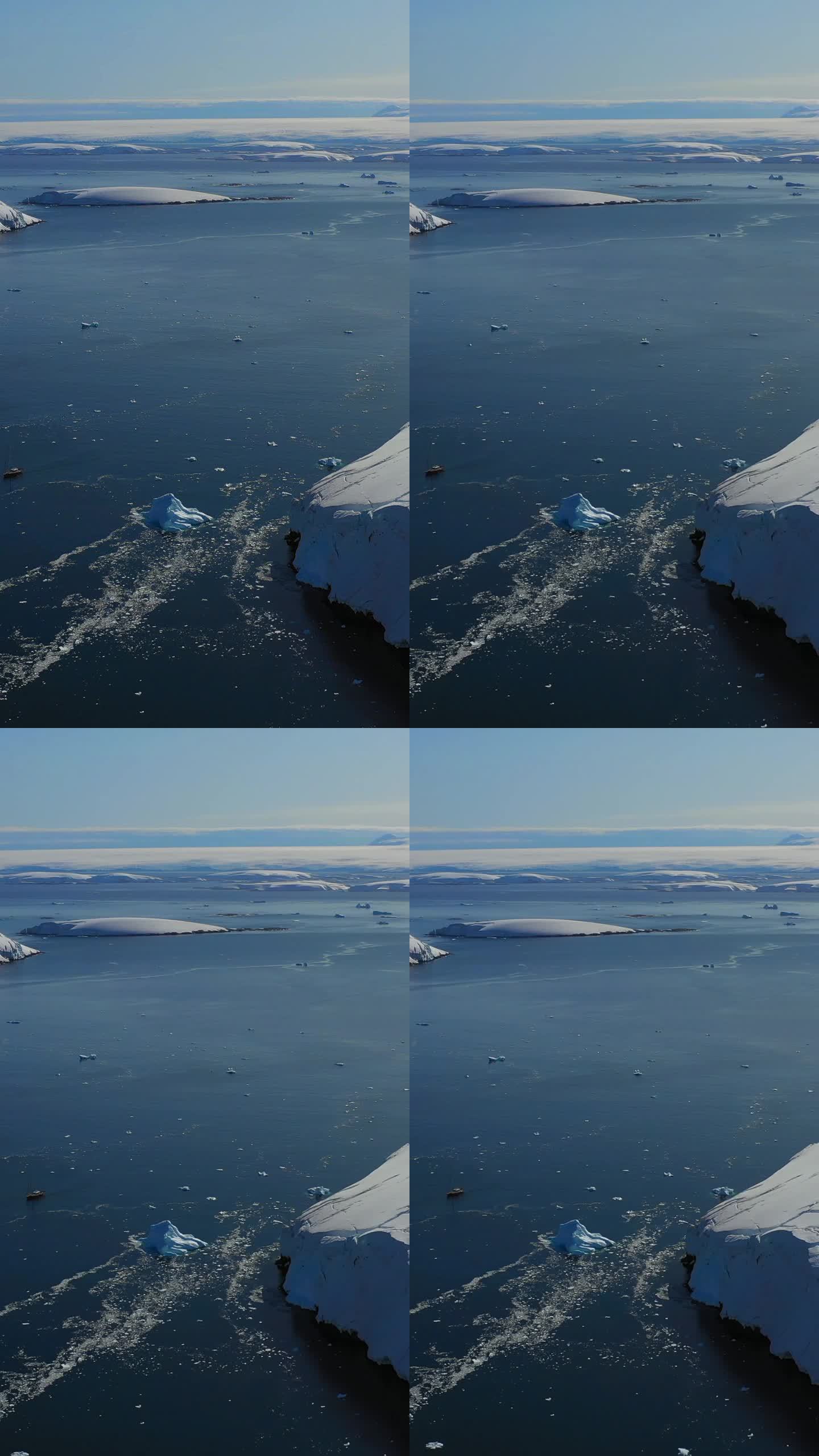 垂直镜头船在未受影响的灾难和全球变暖的南极洲。