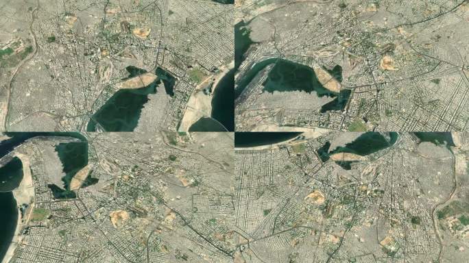 卫星卡拉奇地图背景循环。巴基斯坦城市上空盘旋的画面。无缝全景旋转在市中心的背景。