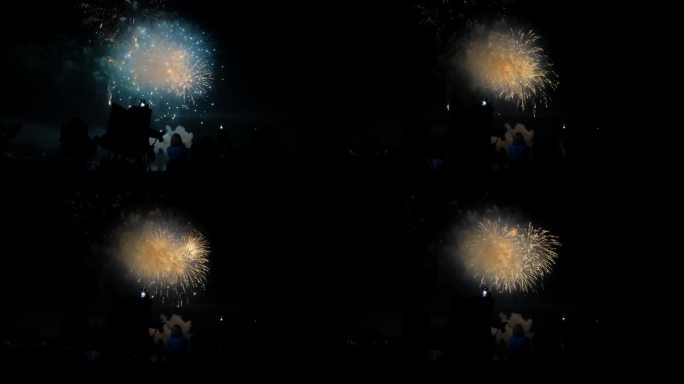 一群人在夜空中观看烟花的剪影，适合7月4日或新年庆祝活动。广角镜头