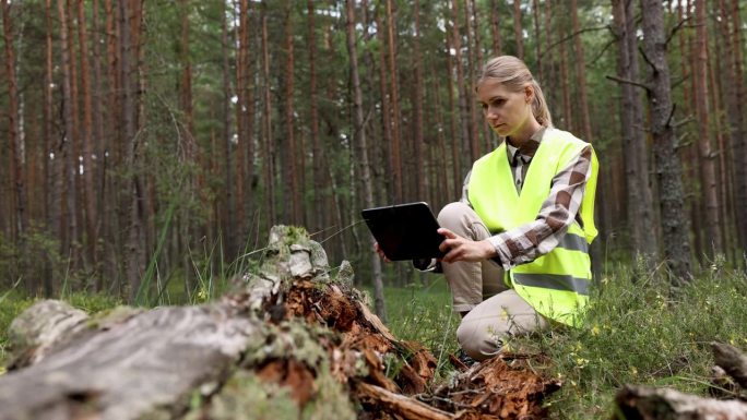 森林生态系统。女林业工人检查倒下的老树，护林员在工作