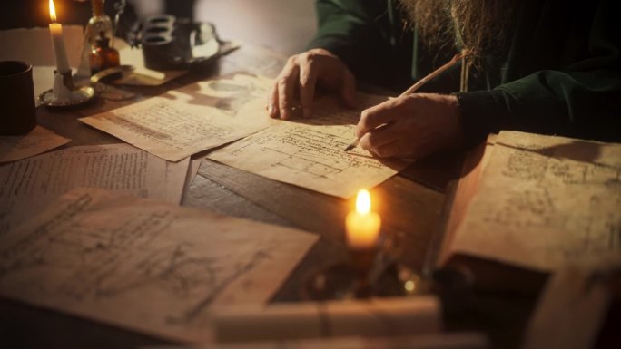 文艺复兴时期的老男性用墨水和羽毛笔写新想法的特写。专注的历史学家做笔记，写一本关于人类历史上重要和创
