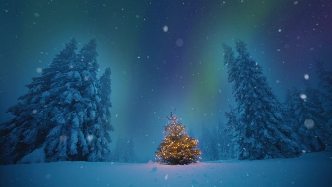 在北极光的天空下，雪花缓缓飘落在一棵闪闪发光的圣诞树上