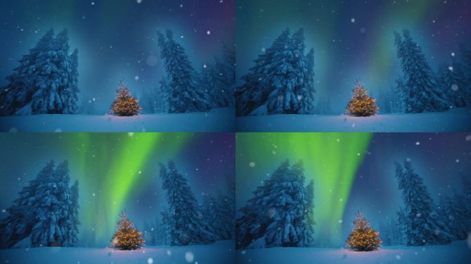 在北极光的天空下，雪花缓缓飘落在一棵闪闪发光的圣诞树上