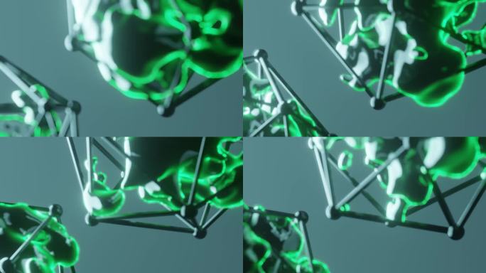 抽象绿色金属光泽形状动画。六角形铁笼内的3d插图