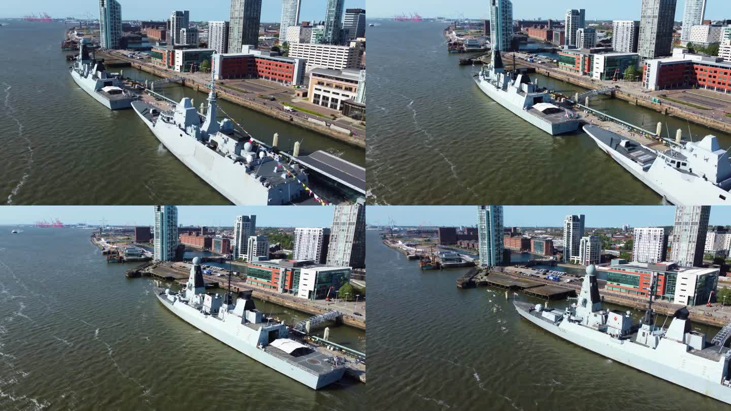 英国利物浦城市和港口的空中无人机视图，军用军用船只