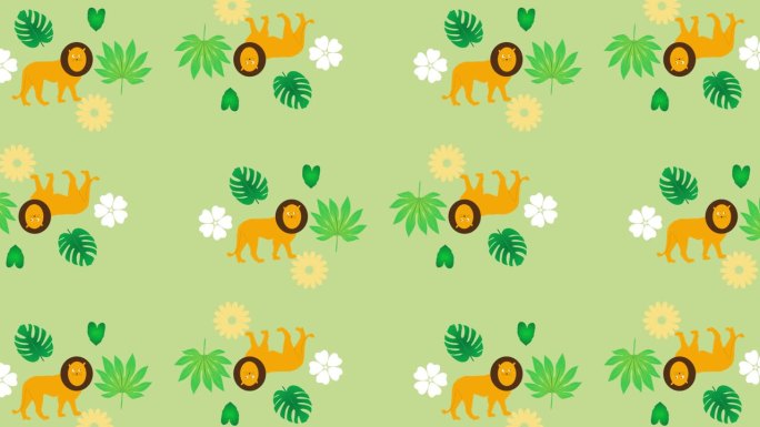 动物图案背景，丛林动画图案像狮子和树的动画无缝图案上的黄色背景。卡通狮子动物图案背景。