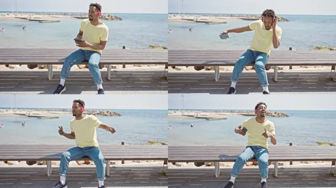 一个非洲裔美国人在海边边听音乐边跳舞