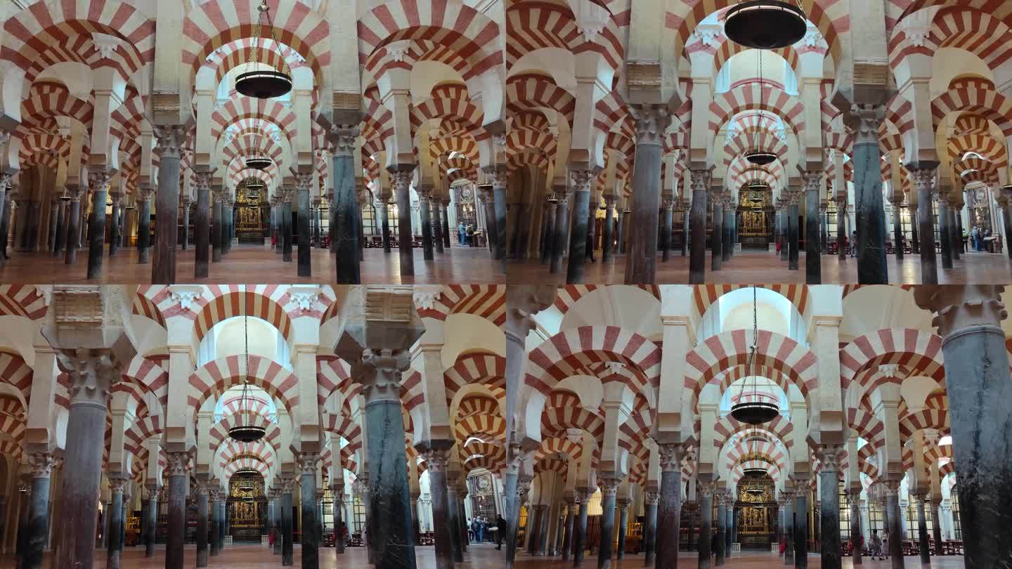 西班牙科尔多瓦-梅兹基塔大教堂清真寺大教堂Córdoba科尔多瓦，西班牙-清真寺建筑原始部分的圆柱和