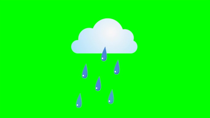 卡通简单的云图标与下雨和滴落的雨滴在绿色屏幕插入，色度键，绿色屏幕，动态图形，天气图标。库存视频3D