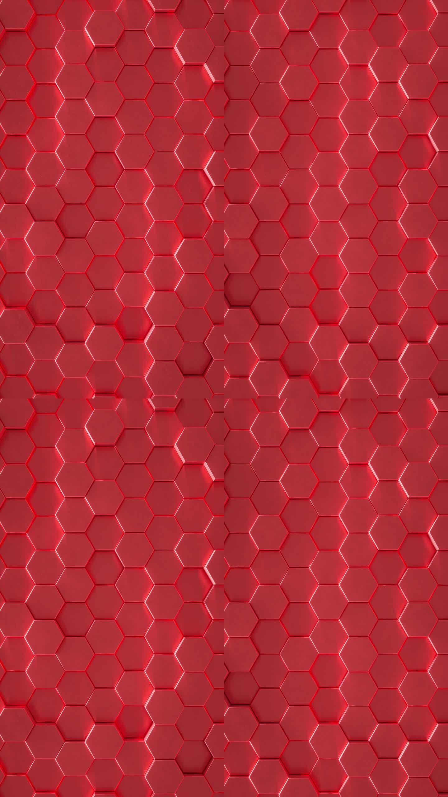 墙中脉动红色六边形的抽象背景。三维循环垂直