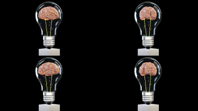 3d大脑在灯泡里旋转，伟大的思想概念，循环，对抗黑色