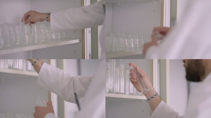 一名成年男性实验室员工从实验室的玻璃柜中取出一个埃尔迈耶烧瓶和一个刻度圆筒的特写