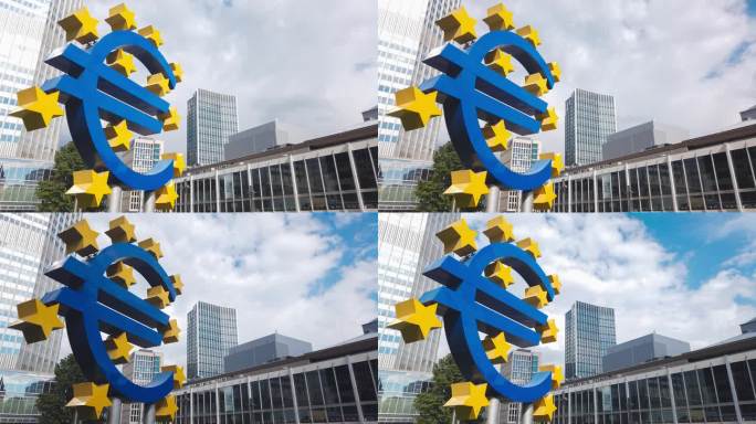 德国法兰克福欧洲中央银行前的欧元标志雕塑。