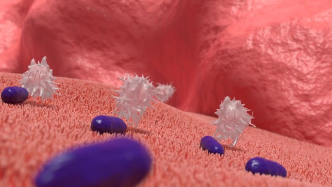 免疫细胞捕食侵入人体的细菌。巨噬细胞，白细胞。