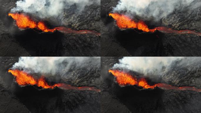 火山喷发，炽热炽热的熔岩从地面喷出，活火山火山口鸟瞰图