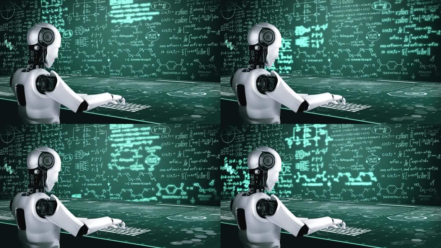 机器人类人猿使用笔记本电脑，坐在桌子旁进行工程科学研究