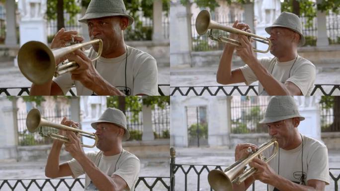 一个成熟的男人在古巴哈瓦那街头吹小号