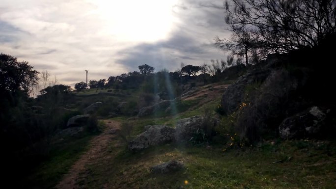 在西班牙的普拉森西亚，Cáceres，有霍尔姆橡树和软木橡树的山区景观的背光全景视频。