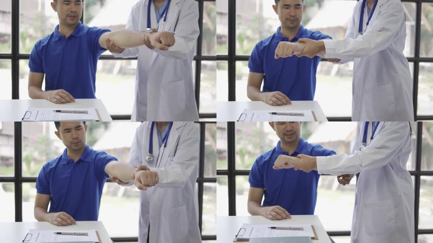 女医生为男病人进行举手理疗，亚洲女理疗师在诊所工作，帮助保护病人的手，病人做伸展运动