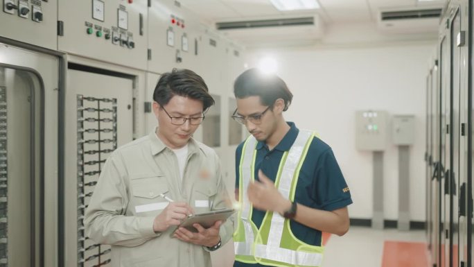 专业的亚洲电工一起在制造工厂工作。