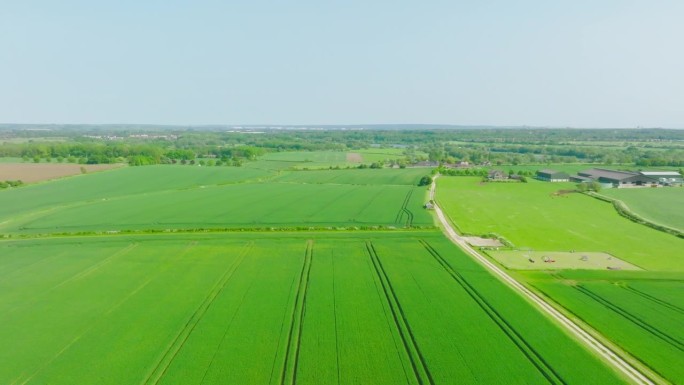 田野鸟瞰图，英国草坪乡间小路空镜头