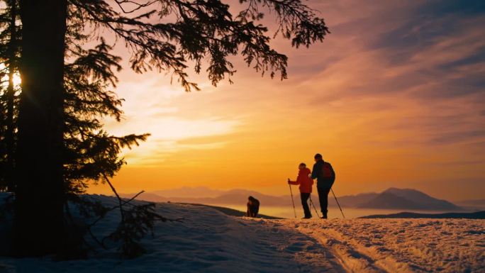 黄昏时分，一对老年夫妇在雪山上徒步旅行，他们的狗陪伴着他们。