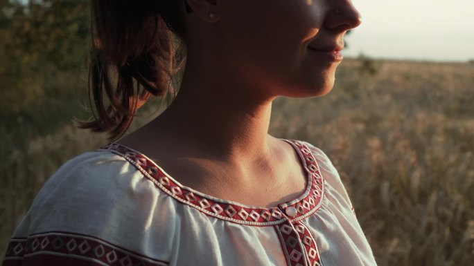 身着传统装饰的乌克兰女子站在麦田里。民族服装-刺绣，纹理，图案，民间，手工工艺刺绣